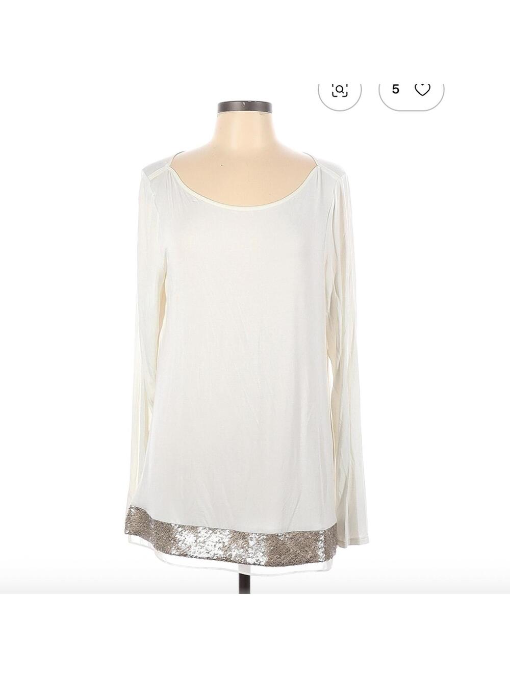 White House Black Market Cream Long-Sleeve Blouse with Metallic Hem